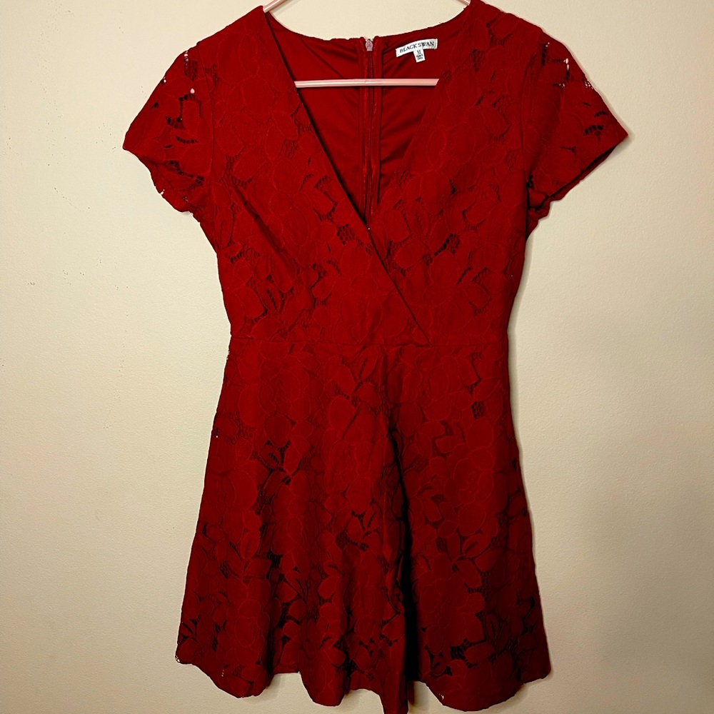 Black Swan Ruby Red Floral Lace Mini Fit & Flare Dress Women Size Medium
